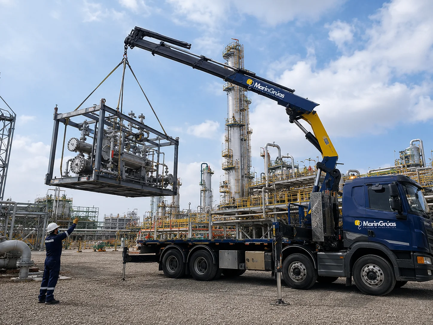 Grúa articulada realizando izaje industrial en refinería — Marín Grúas