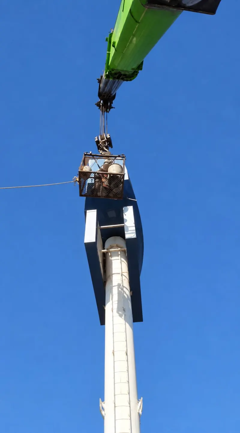 Anuncio azul tipo tótem en un estacionamiento con vehículos y un cable aéreo al fondo.